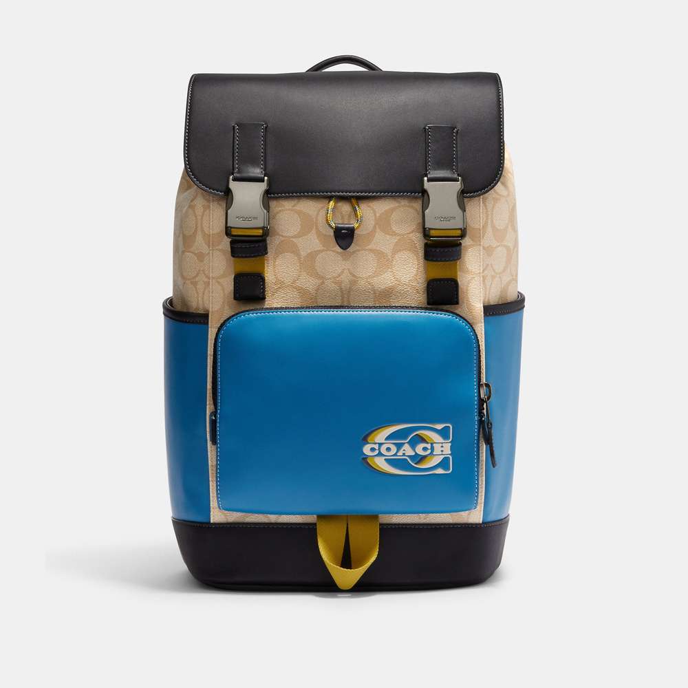 NWT Coach Outlet Track Backpack In Colorblock Signature Canvas With Coach Stamp - Picture 1 of 5